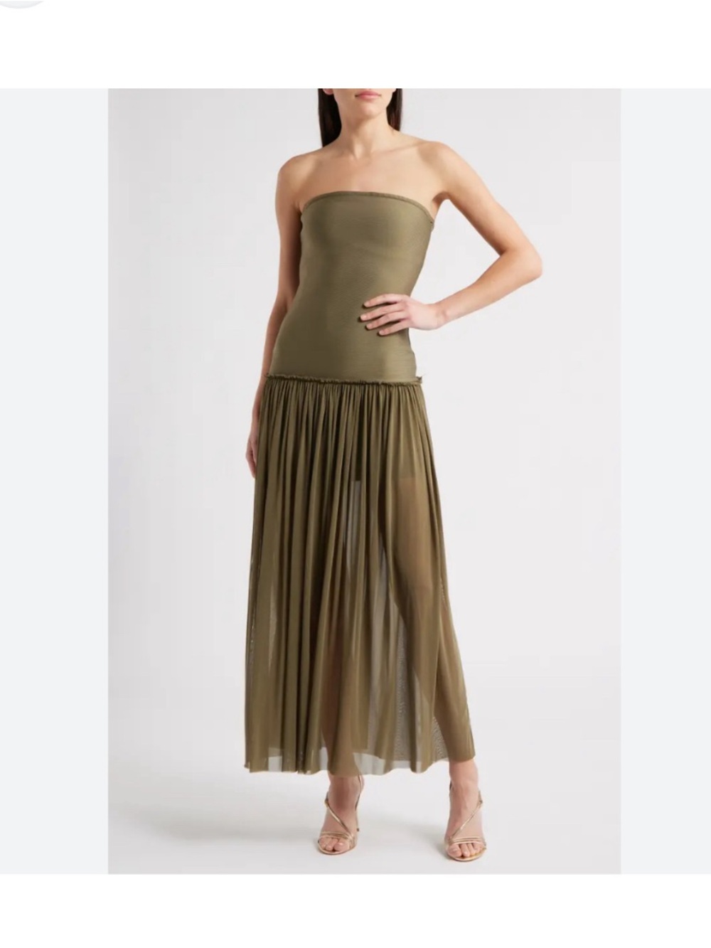 Rare London Bandage Strapless Drop Waist Mesh skirt Olive Green Maxi Dress Sz 2